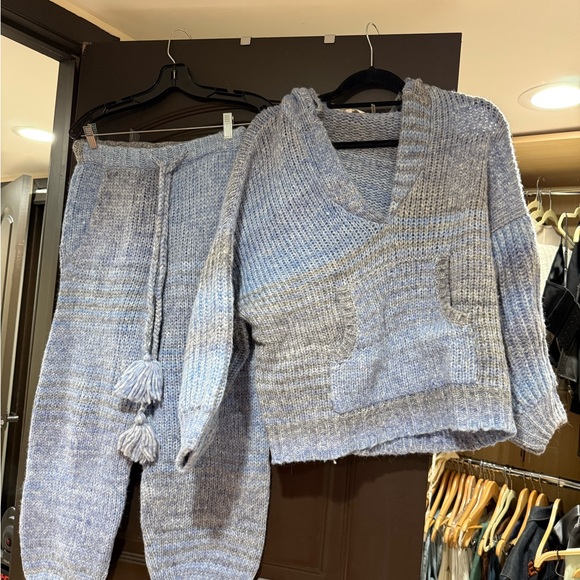 LoveShackFancy Heathered Light Blue V-Neck Tassel Knit Sweater - Picture 2 of 5